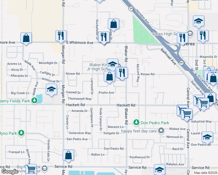 map of restaurants, bars, coffee shops, grocery stores, and more near 1517 Caulfield Drive in Ceres