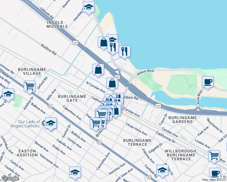 map of restaurants, bars, coffee shops, grocery stores, and more near 1280 Rollins Road in Burlingame