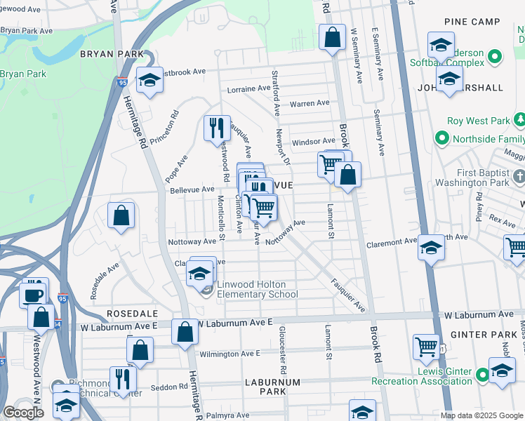 map of restaurants, bars, coffee shops, grocery stores, and more near 4032 Macarthur Avenue in Richmond