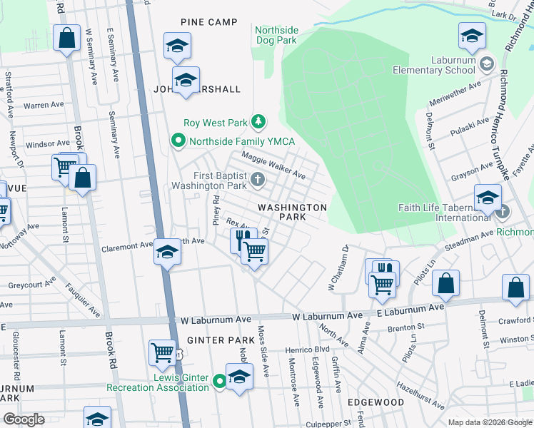 map of restaurants, bars, coffee shops, grocery stores, and more near 712 Akron Street in Richmond