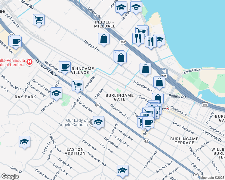 map of restaurants, bars, coffee shops, grocery stores, and more near 1431 Laguna Avenue in Burlingame