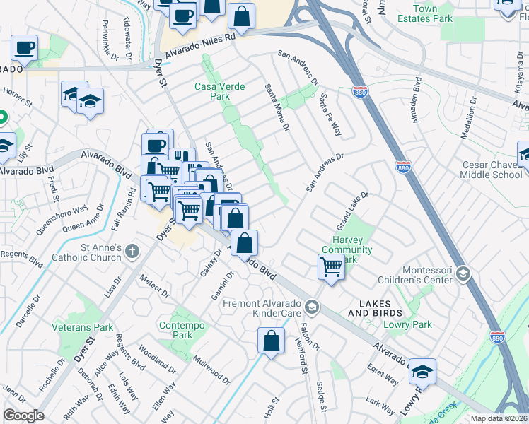 map of restaurants, bars, coffee shops, grocery stores, and more near 3259 San Carvante Way in Union City