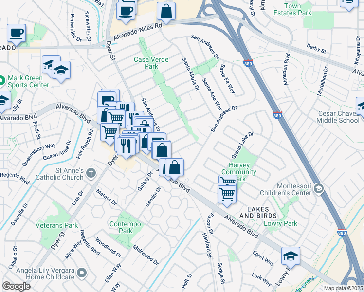 map of restaurants, bars, coffee shops, grocery stores, and more near 3259 San Carvante Way in Union City