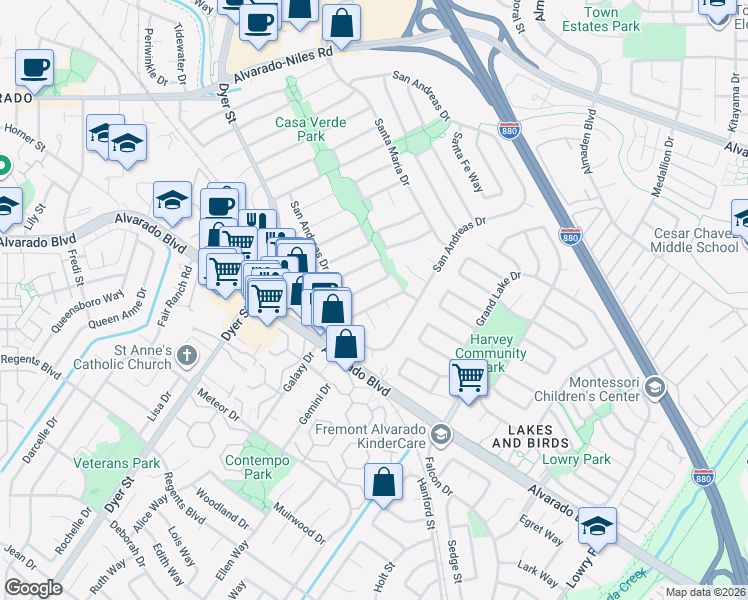map of restaurants, bars, coffee shops, grocery stores, and more near 3259 San Carvante Way in Union City