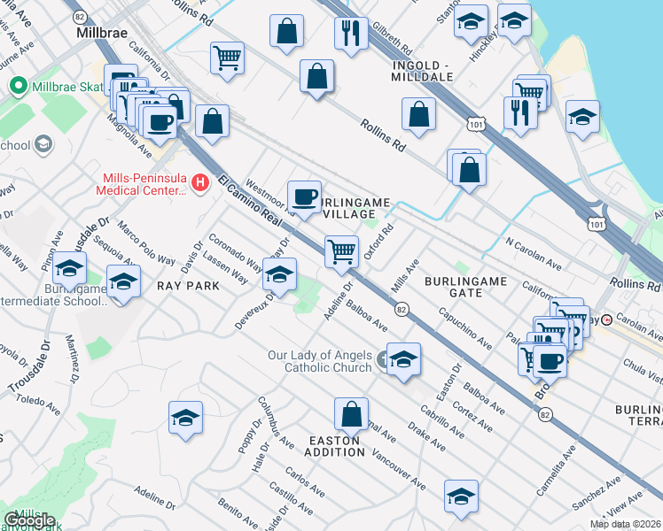 map of restaurants, bars, coffee shops, grocery stores, and more near 1526 Albemarle Way in Burlingame