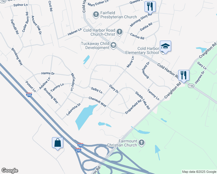 map of restaurants, bars, coffee shops, grocery stores, and more near 6403 Dairy Drive in Mechanicsville