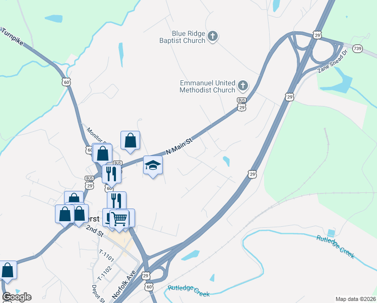 map of restaurants, bars, coffee shops, grocery stores, and more near 388-396 N Main St in Amherst