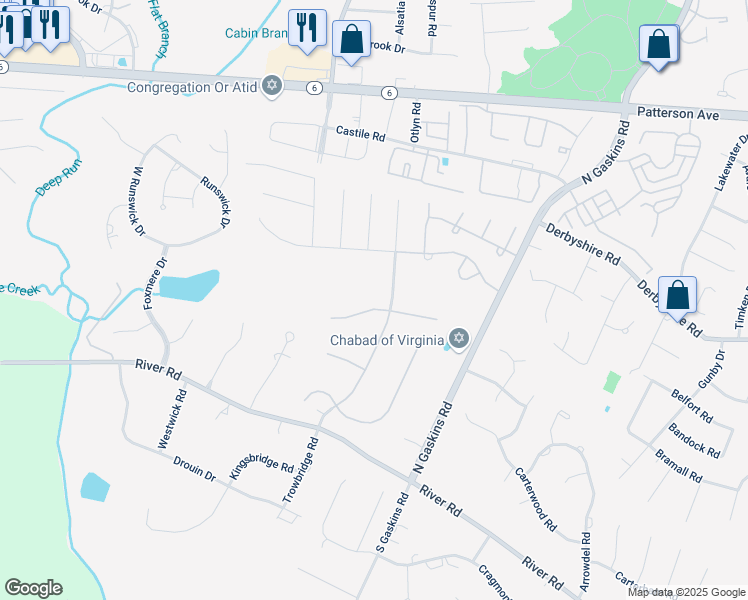 map of restaurants, bars, coffee shops, grocery stores, and more near 9804 Brooks Hall Place in Richmond
