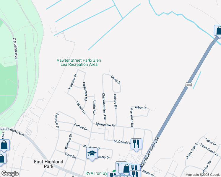 map of restaurants, bars, coffee shops, grocery stores, and more near 4504 Gaines Road in Richmond