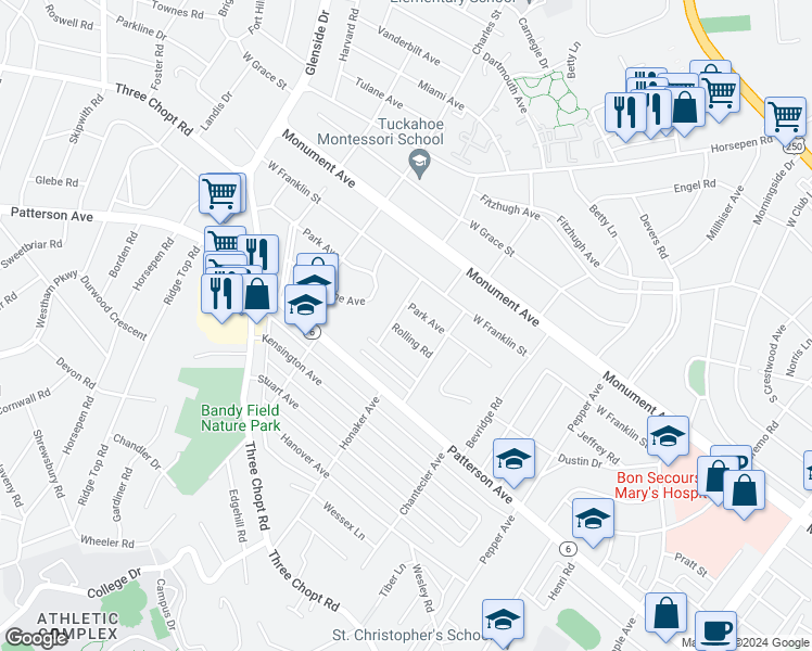 map of restaurants, bars, coffee shops, grocery stores, and more near 6612 Rolling Road in Richmond