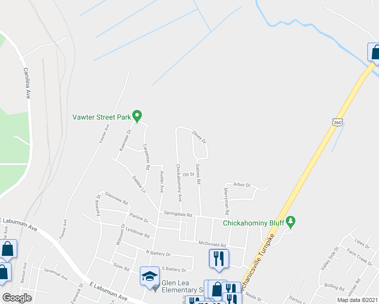 map of restaurants, bars, coffee shops, grocery stores, and more near 4504 Gaines Road in Richmond