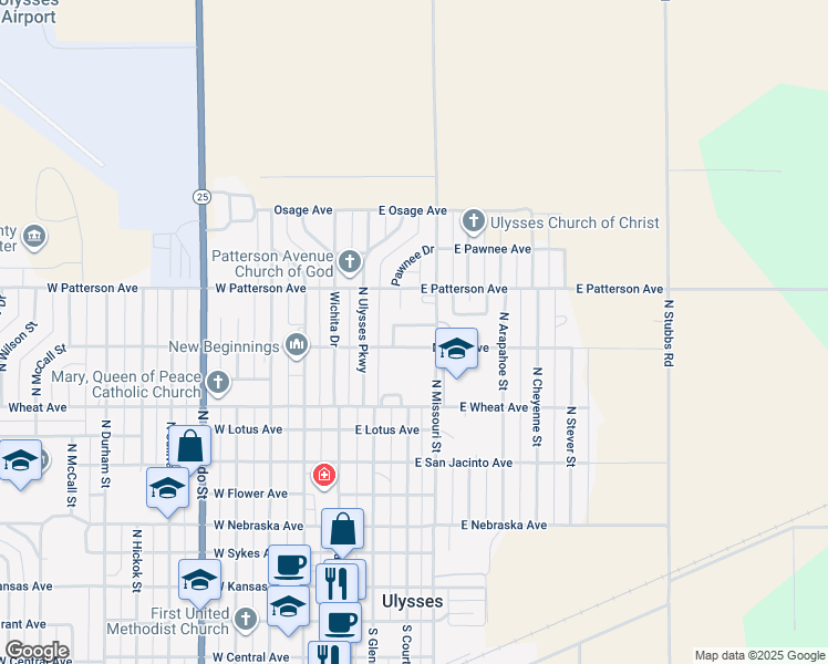 map of restaurants, bars, coffee shops, grocery stores, and more near 945 North Missouri Street in Ulysses