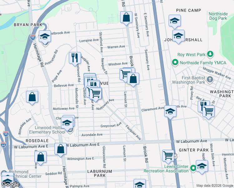map of restaurants, bars, coffee shops, grocery stores, and more near 1324 Amherst Avenue in Richmond