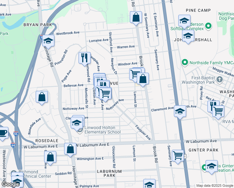 map of restaurants, bars, coffee shops, grocery stores, and more near 4010 Newport Drive in Richmond