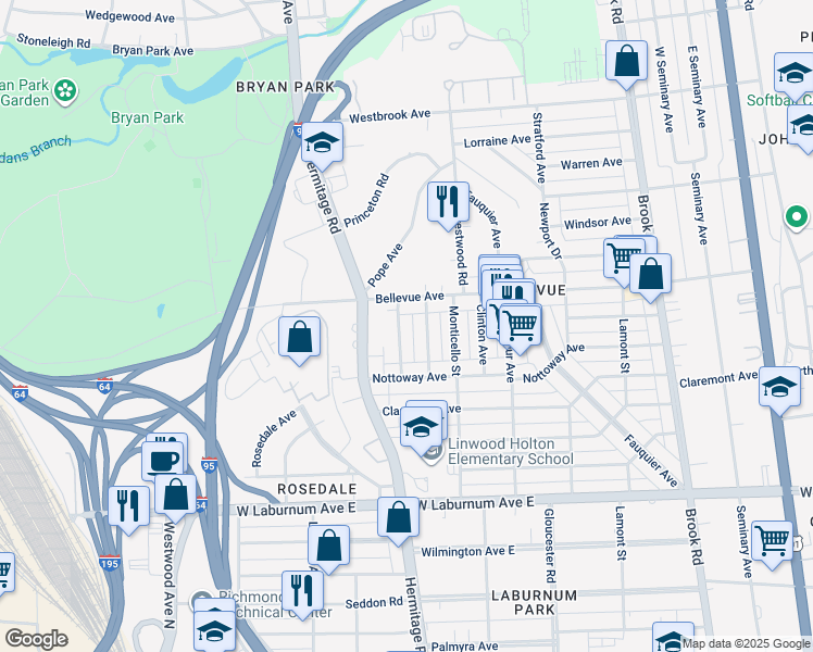 map of restaurants, bars, coffee shops, grocery stores, and more near 4023 Chevy Chase Street in Richmond