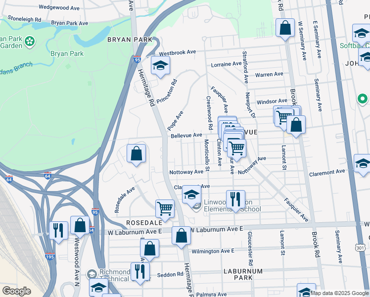 map of restaurants, bars, coffee shops, grocery stores, and more near 4023 Chevy Chase Street in Richmond