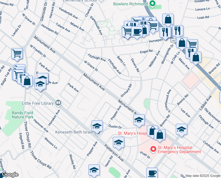 map of restaurants, bars, coffee shops, grocery stores, and more near 6414 Monument Avenue in Richmond