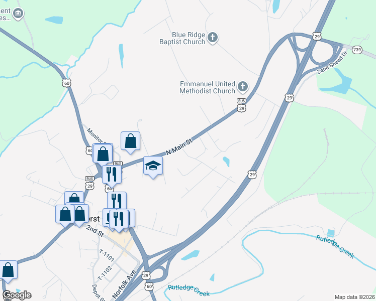 map of restaurants, bars, coffee shops, grocery stores, and more near 388-396 N Main St in Amherst