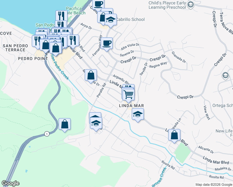 map of restaurants, bars, coffee shops, grocery stores, and more near 843 Montezuma Drive in Pacifica