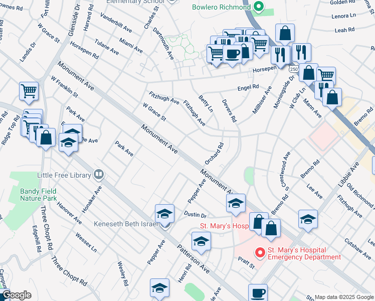 map of restaurants, bars, coffee shops, grocery stores, and more near 6414 Monument Avenue in Richmond
