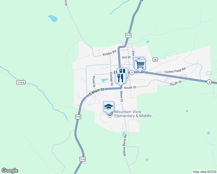 map of restaurants, bars, coffee shops, grocery stores, and more near 327 South Main Street in Union