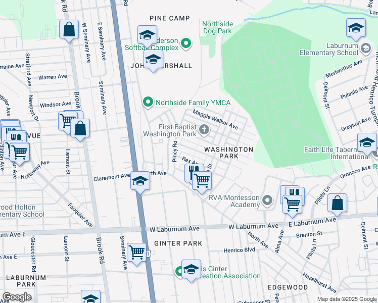 map of restaurants, bars, coffee shops, grocery stores, and more near 805 Akron Street in Richmond