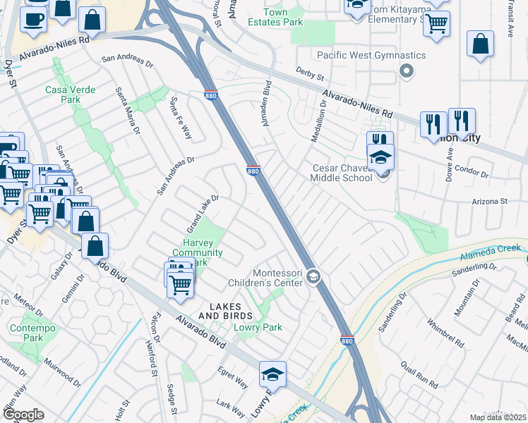 map of restaurants, bars, coffee shops, grocery stores, and more near 3256 Lake Mead Court in Fremont