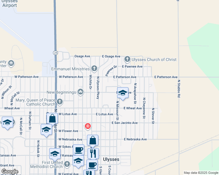 map of restaurants, bars, coffee shops, grocery stores, and more near 945 North Missouri Street in Ulysses