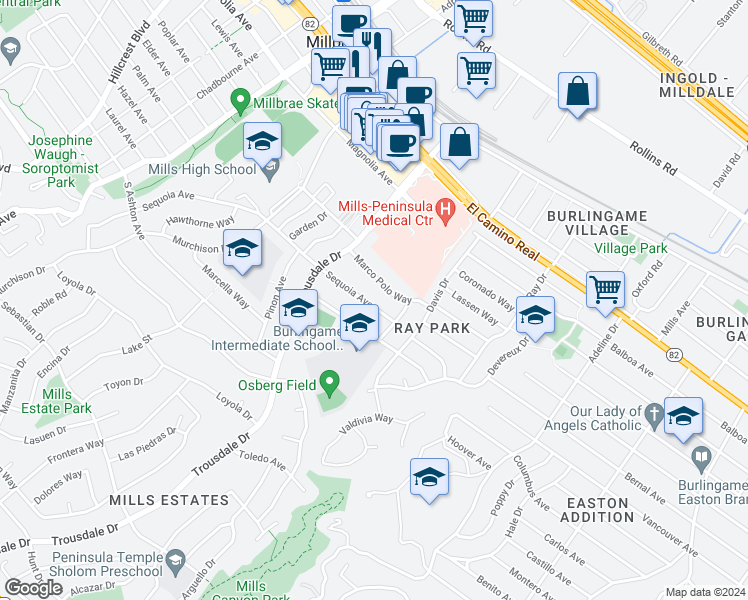 map of restaurants, bars, coffee shops, grocery stores, and more near 1735 Marco Polo Way in Burlingame