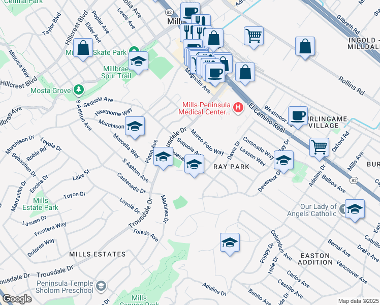 map of restaurants, bars, coffee shops, grocery stores, and more near 1745 Sequoia Avenue in Burlingame