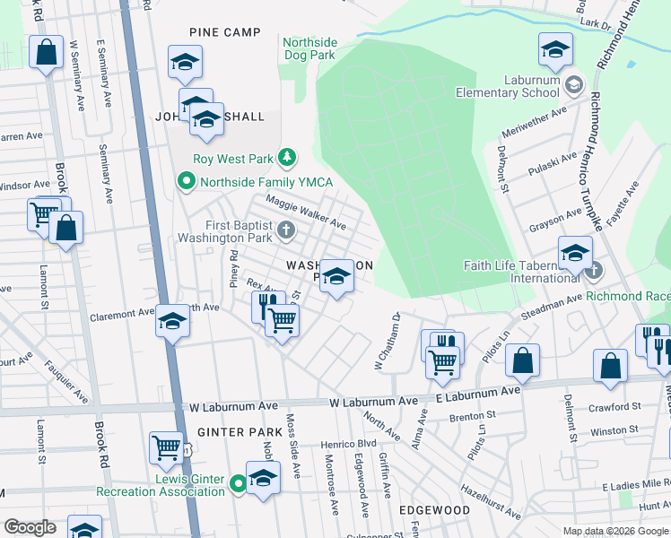 map of restaurants, bars, coffee shops, grocery stores, and more near 610 Cheatwood Avenue in Richmond