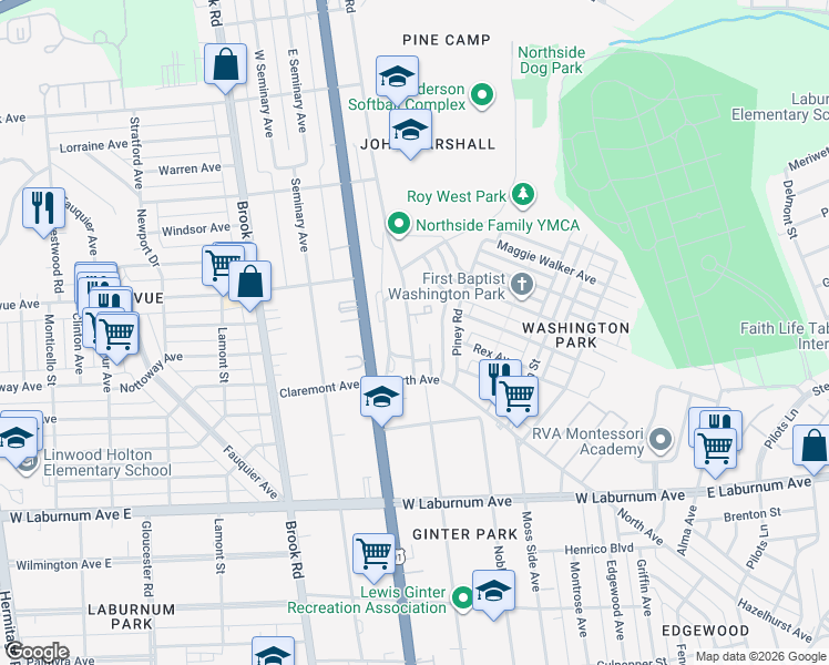 map of restaurants, bars, coffee shops, grocery stores, and more near 4006 Old Brook Road in Richmond