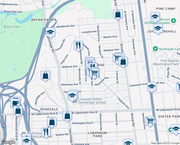 map of restaurants, bars, coffee shops, grocery stores, and more near 4032 Macarthur Avenue in Richmond