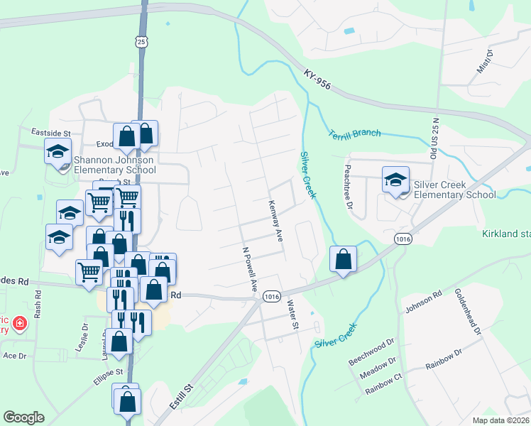 map of restaurants, bars, coffee shops, grocery stores, and more near 211 Brown Street in Berea