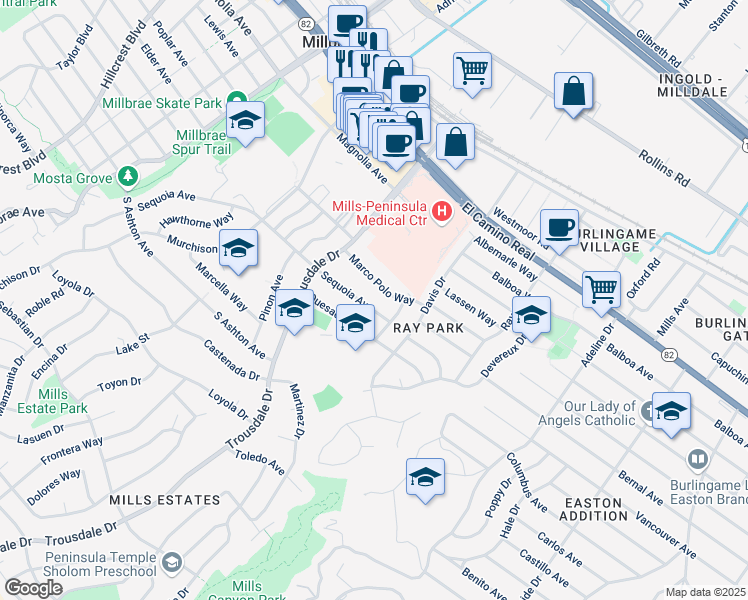 map of restaurants, bars, coffee shops, grocery stores, and more near 1726 Sequoia Avenue in Burlingame