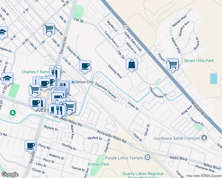 map of restaurants, bars, coffee shops, grocery stores, and more near 1035 Jade Terrace in Union City
