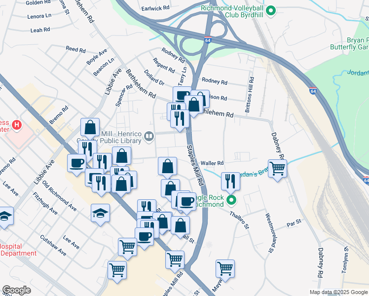 map of restaurants, bars, coffee shops, grocery stores, and more near 5000 Bakers Mill Lane in Richmond