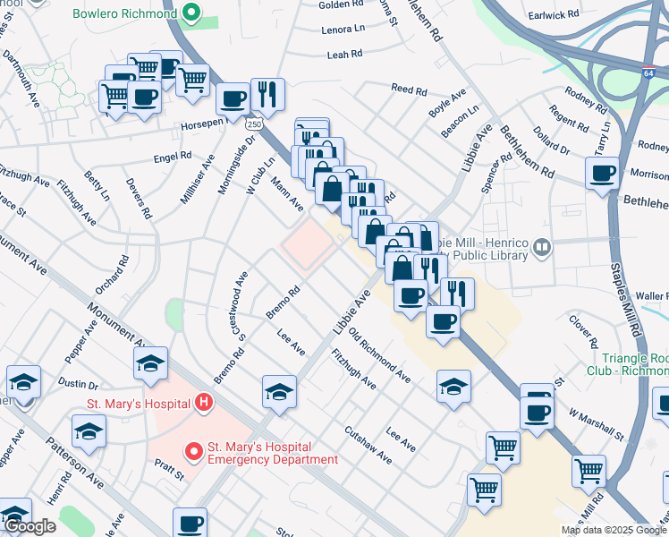 map of restaurants, bars, coffee shops, grocery stores, and more near 5808 Pollard Drive in Richmond