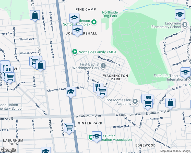 map of restaurants, bars, coffee shops, grocery stores, and more near 805 Akron Street in Richmond