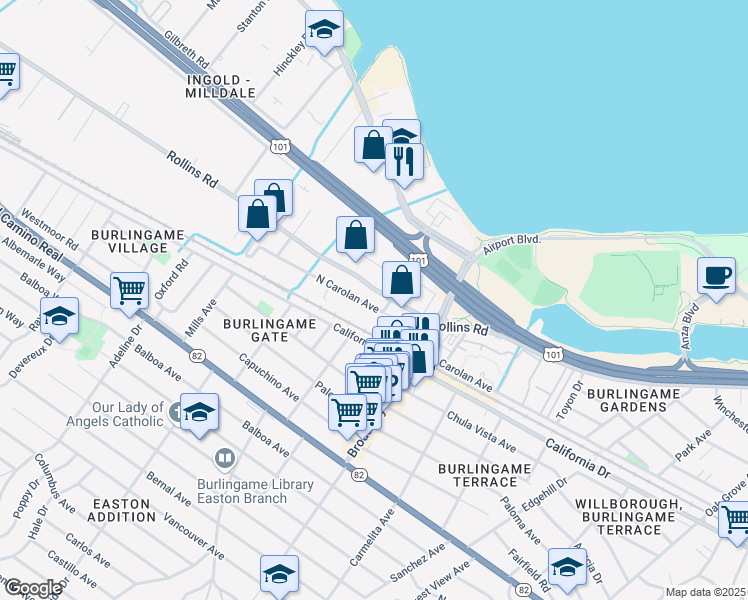 map of restaurants, bars, coffee shops, grocery stores, and more near 1331 Rollins Road in Burlingame