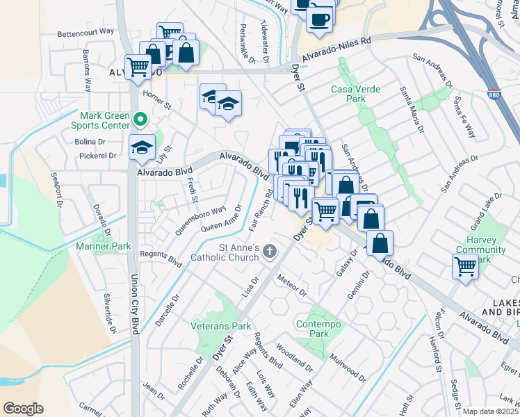 map of restaurants, bars, coffee shops, grocery stores, and more near 4179 Fair Ranch Road in Union City