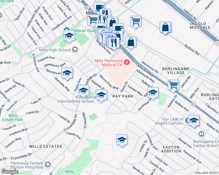 map of restaurants, bars, coffee shops, grocery stores, and more near 1727 Marco Polo Way in Burlingame