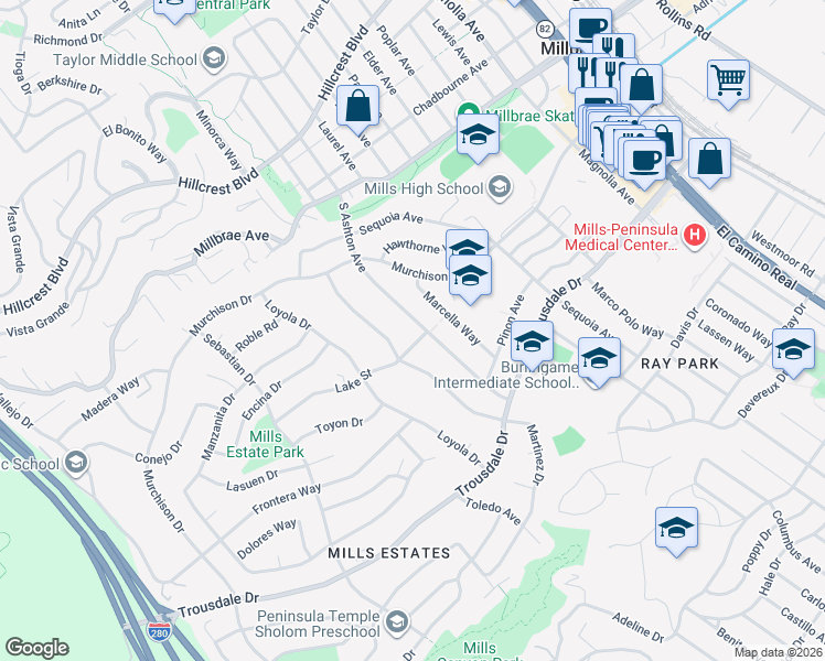 map of restaurants, bars, coffee shops, grocery stores, and more near 257 South Ashton Avenue in Millbrae