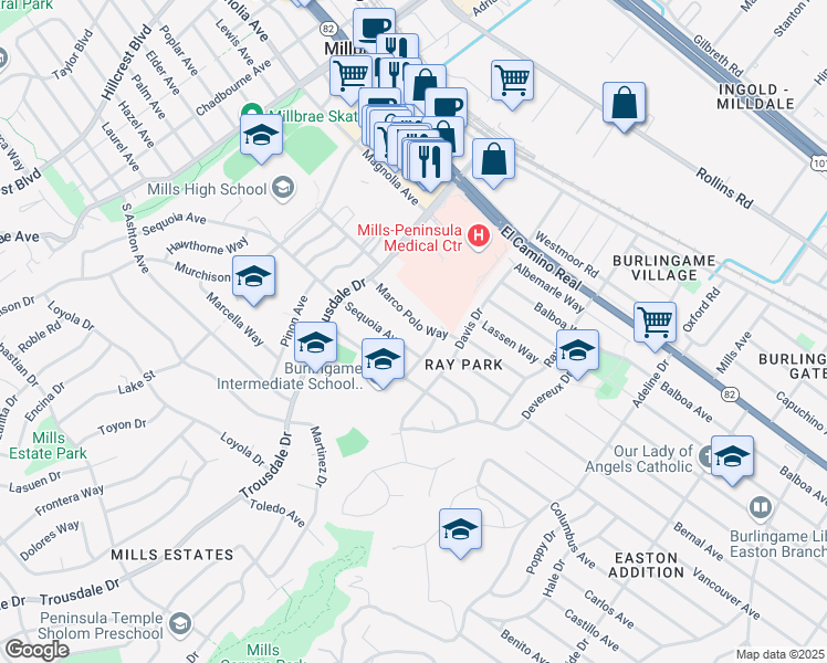 map of restaurants, bars, coffee shops, grocery stores, and more near 1727 Marco Polo Way in Burlingame