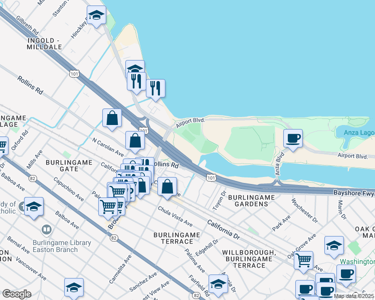 map of restaurants, bars, coffee shops, grocery stores, and more near 1177 Airport Blvd in Burlingame