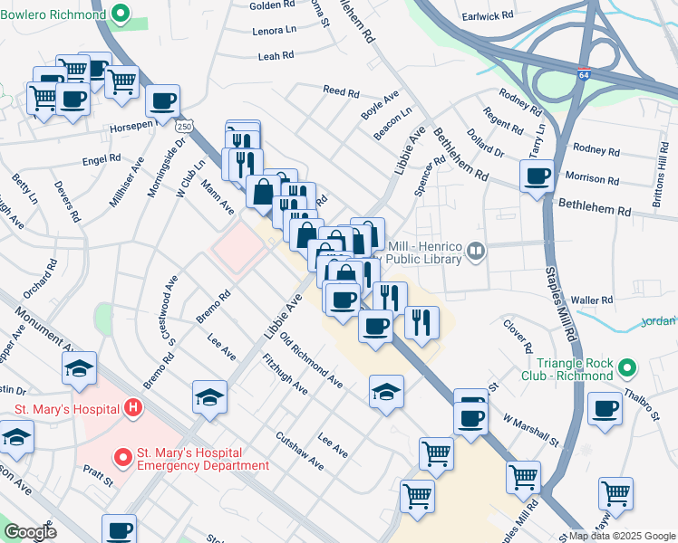 map of restaurants, bars, coffee shops, grocery stores, and more near 5710 U.S. 250 in Richmond