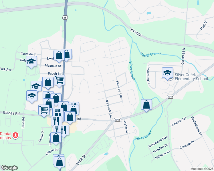 map of restaurants, bars, coffee shops, grocery stores, and more near 506 North Powell Avenue in Berea