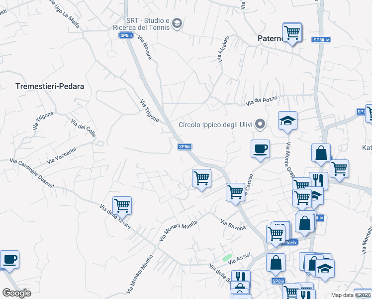 map of restaurants, bars, coffee shops, grocery stores, and more near 64 Via Fisichelli in San Giovanni La Punta