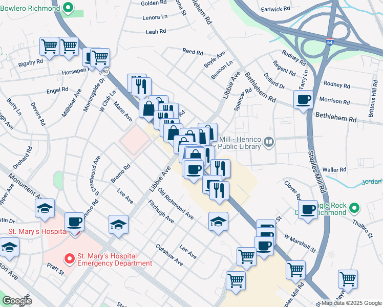 map of restaurants, bars, coffee shops, grocery stores, and more near 5710 U.S. 250 in Richmond