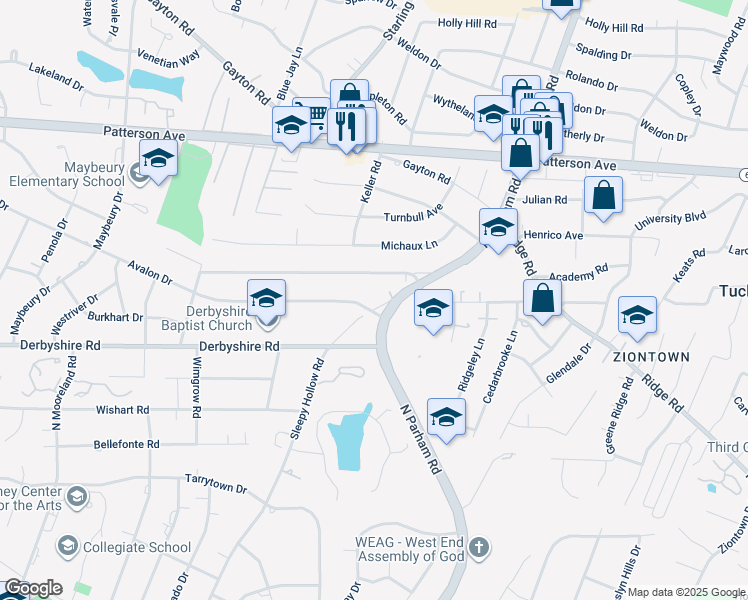 map of restaurants, bars, coffee shops, grocery stores, and more near 702 Sleepy Hollow Road in Richmond